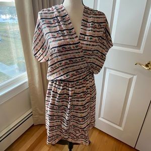 Silk Patterned Faux Wrap Vneck Dress